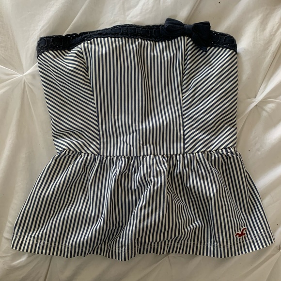 Hollister Tops - Strapless Blue and White Peplum Blouse With Bow